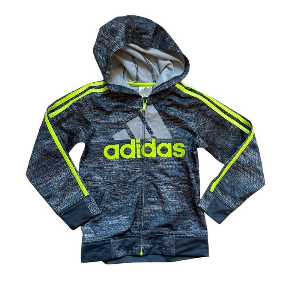 Youth Boys Adidas Logo Gray Green Dry Fit Full Zip Hoodie Track Jacket - Sz 6